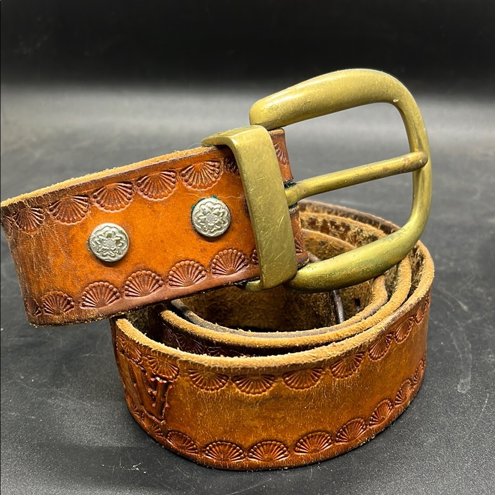 Vintage Tooled Leather Belt with Brass Buckle - Brown